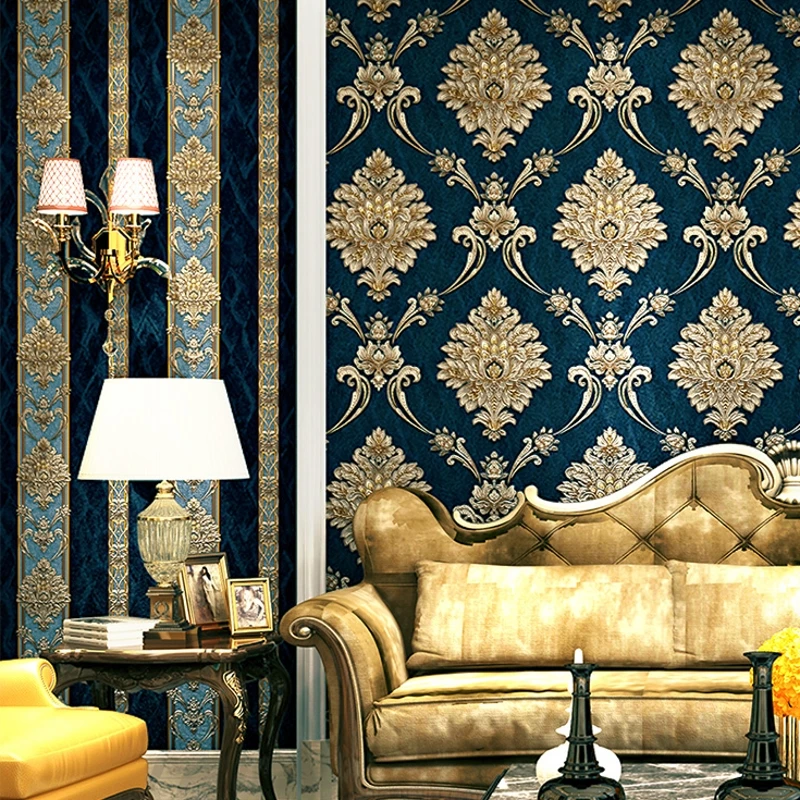 

beibehang Luxury Glitter Gold Floral Damask Wallpaper Textured Vinyl Damask Stripe Wall Paper For Home Live Room Bedroom Roll