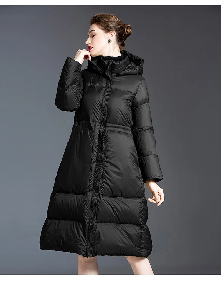 Jaqueta puffer longa feminina com capuz com zíper, casaco de manga cheia, preto, moda, inverno