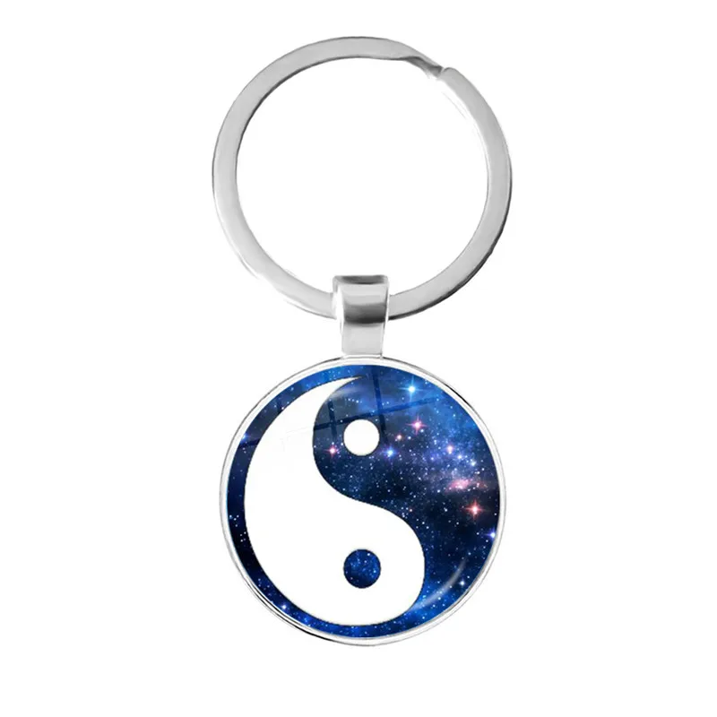 Yin Yang Taichi Symbols Key Chain Unisex Time Stone Cabochon Glass Jewelry Yin Yang  Dragon Moon Pendant Keychain for Men Women