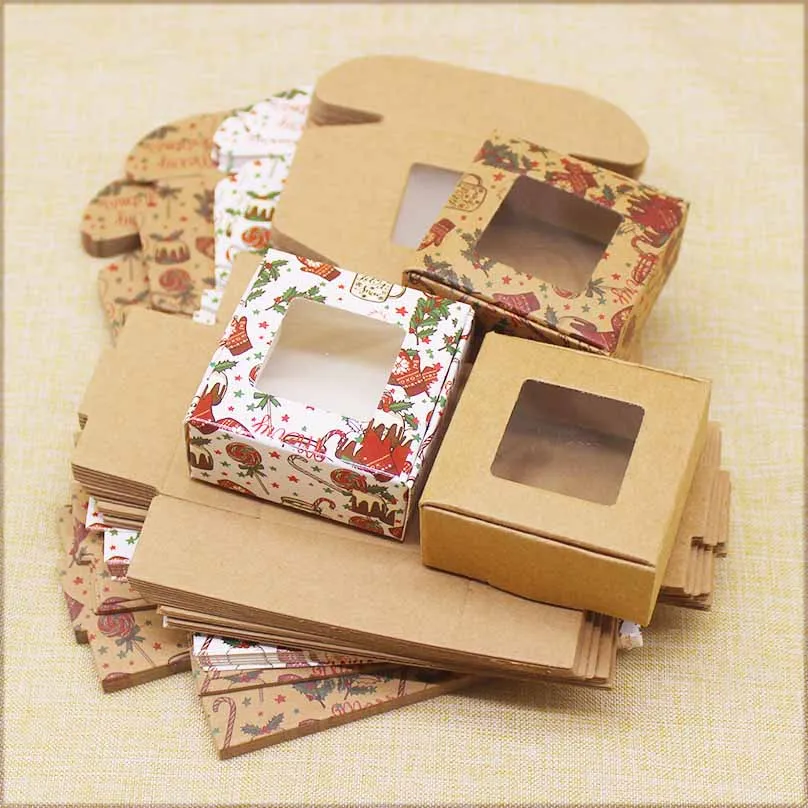 10pcs Multi Size Gifts Box with Window Marbling Style kraft Paper Window Wrapping Package for Jewelry Party Supplies