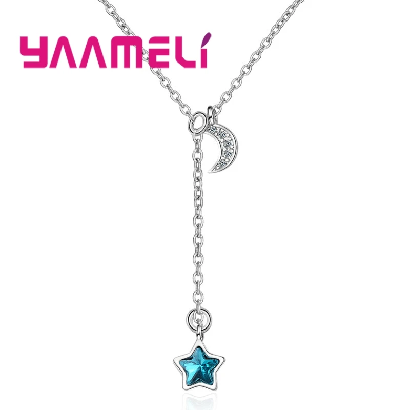 New Arrival Shiny Star Shape Pendant Necklace for Women 925 Sterling Silver Color Jewlry Blue Star Shiny Moon Romantic Present