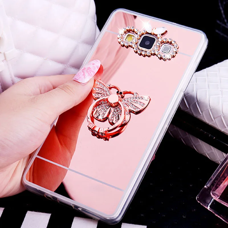Luxury Soft TPU Mirror Back Cover For Samsung Galaxy J3 J4 J5 J6 J7 2016 2017 J8 A6Plus 2018 Bling Ring Stand Holder Phone Case