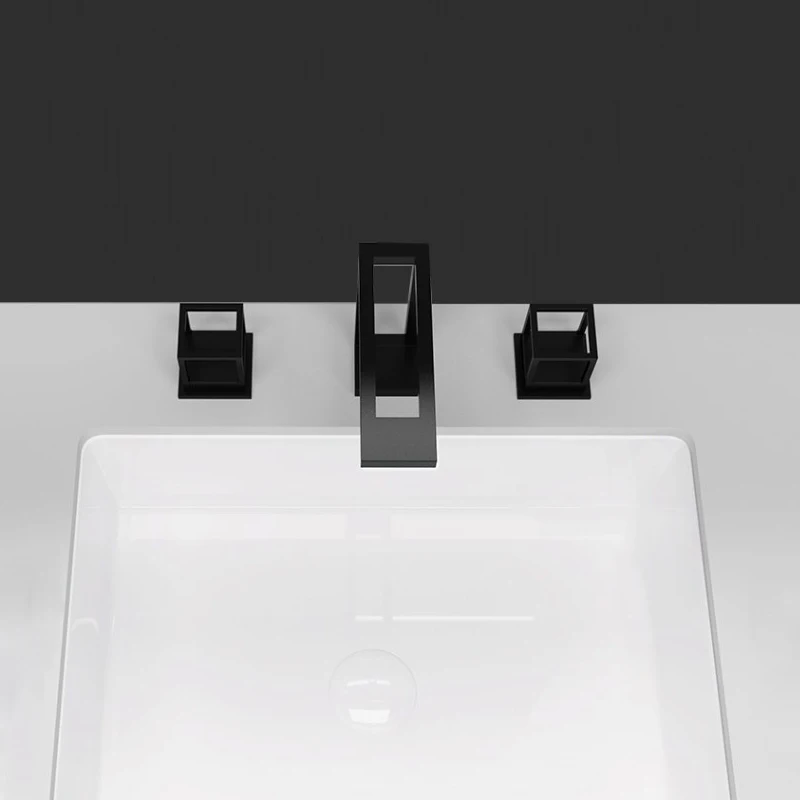 New Design Bathroom Faucet Matte Black Square Grid Sink Water Tap 3 Holes Separate Deck Mounted Hot & Cold Basin Water Mixer