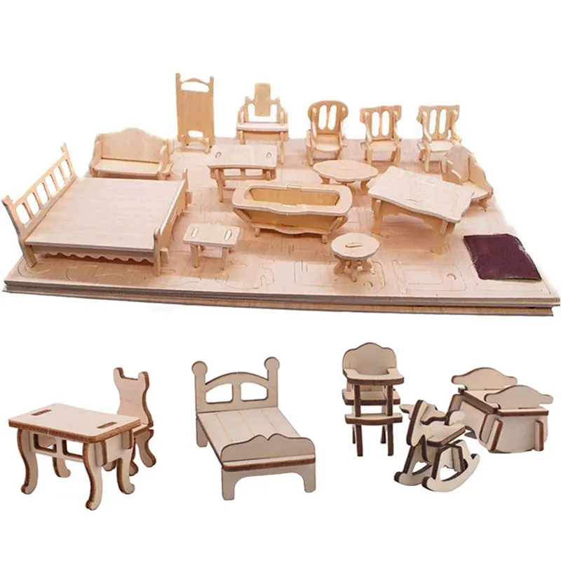 34PCS Set 3D Wooden Puzzle Toy 1:12 Mini Wooden Furniture 3D Building Model Doll House Accessories DIY Children Educational Toys