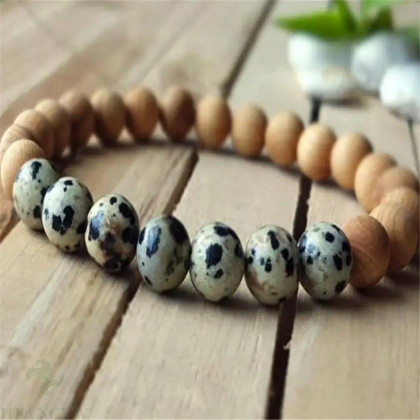 8mm Spotted Stone Sandalwood Bracelet Unisex Tibet silver Yoga Men Cuff Reiki Pray Stretchy Lucky Energy Mala Prayer