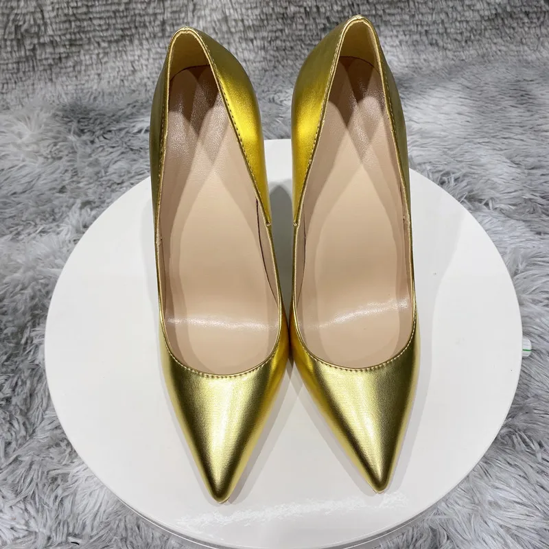 Tikicup Shiny Gold Matte Women PointyToe High Heel Wedding Party Shoes Sparkly Ladies Slip On Stiletto Pumps Large Size 33-45