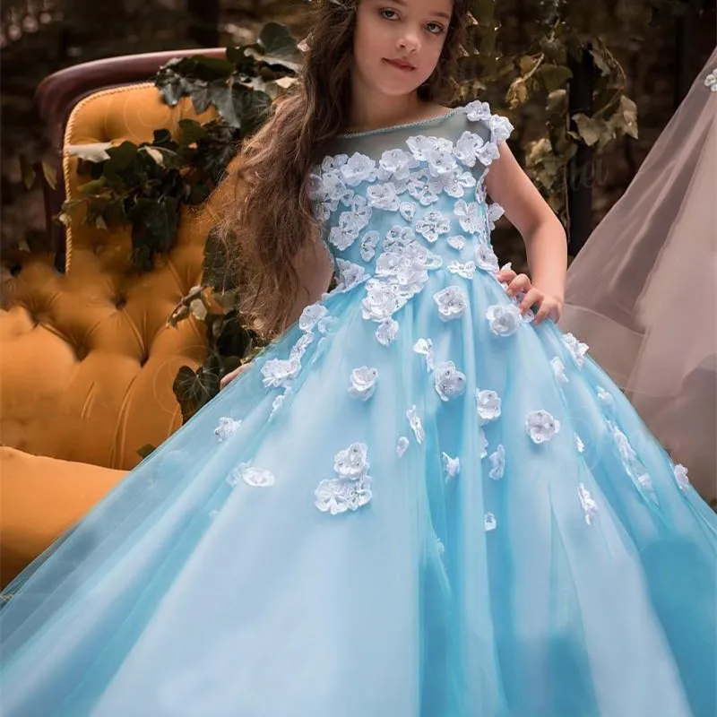 Handmade Puffy Mädchen Pageant Ballkleid Crew Neck Spitze Himmel Blau Lange Kinder Blume Mädchen Kleider Für Hochzeit Formale Partei tragen