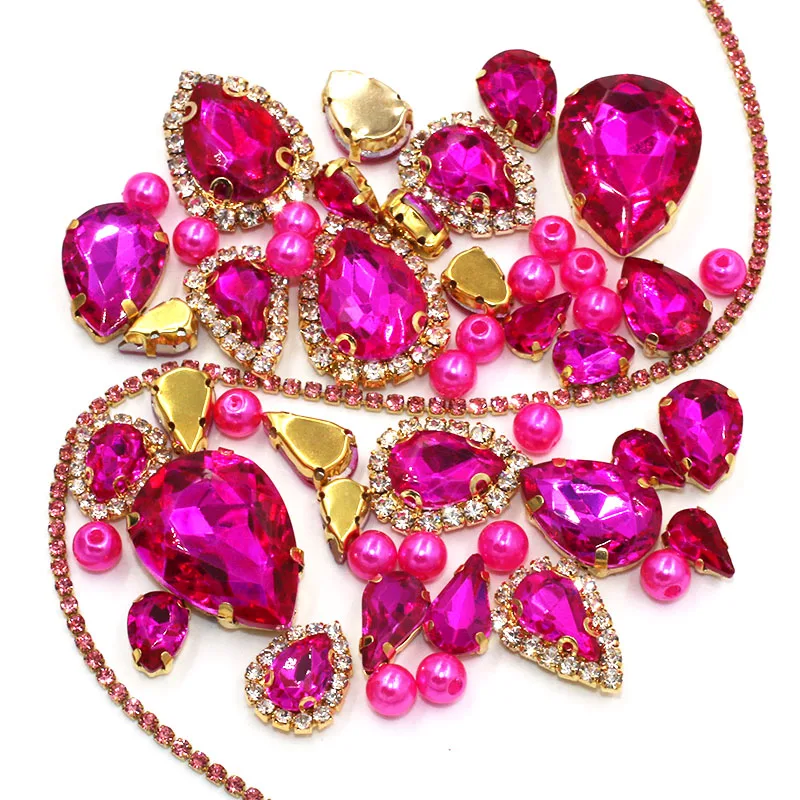 Wedding Decoration gold base Rose red Mix size Glass Crystal Stones Pearl Beads Cup Chain Rim Rhinestones Sew On Clothing/Dress