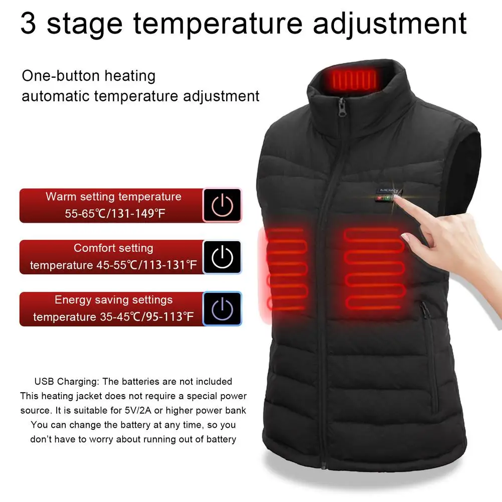 

3 Temperature Levels 5V 2A Heated Vest Comfortable Electric Skiing Heating Jacket Nylon Winter Clothing Usb Charging Heater