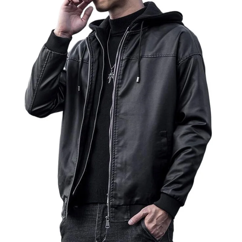 

Men Leather Jackets PU Leather Hooded Leather Jacket Fake Two Zipper Leather Coats M-3XL