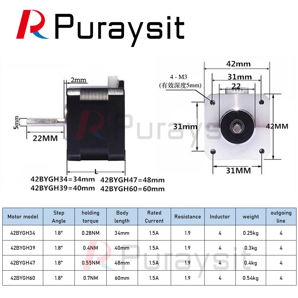 Puraysit 42 Stepper Motor Set 42BYGH34 Torque 0.28NM 0.4NM 0.55NM 0.7NM and Driver 4.0A