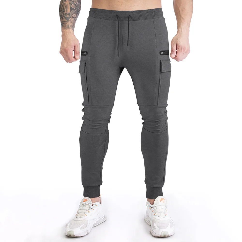 Men\'s muscle fitness running training sports cotton trousers men\'s breathable slim fit casual health pants pockets