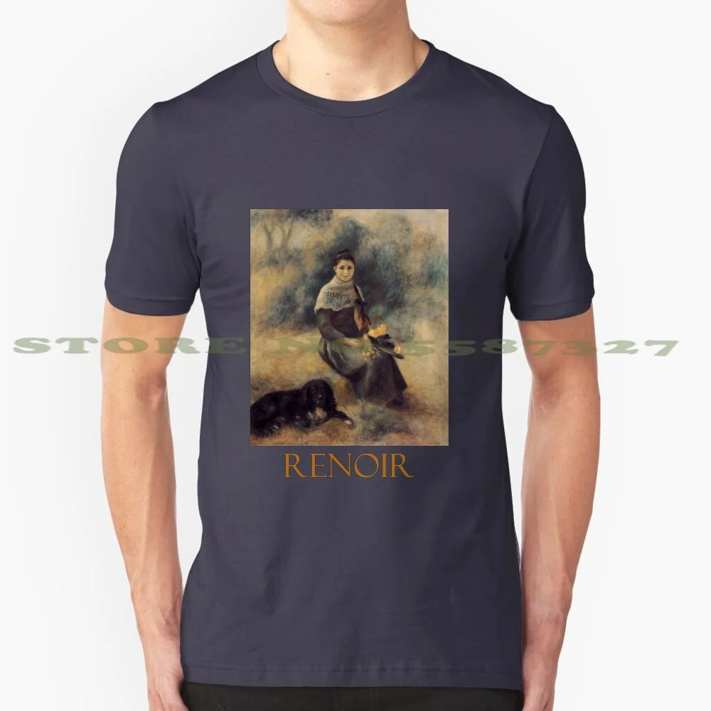 Young Girl With A Dog By Pierre - Auguste Renoir 100% Cotton T-Shirt Fine Art Classic Famous Artist Painter Master French