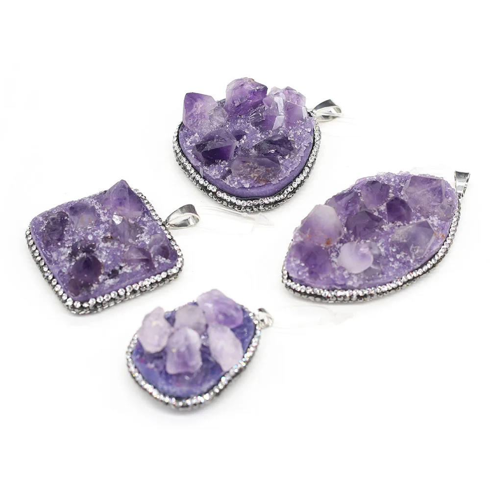 New Natural Stone Pendants Water Drop Druzy Amethysts Pendants Purple Crystal Charms for DIY Necklace Pendants Jewelry Making