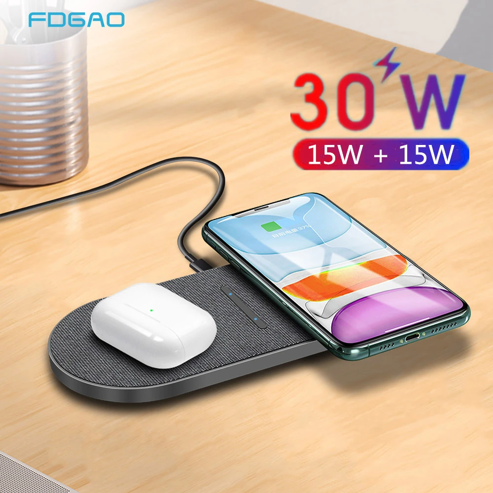 FDGAO 30W 2 in 1 Wireless Charger for Samsung S21 S20 S10 Dual 15W Fast Charging Pad For iPhone 14 13 12 11 XS XR 8 Airpods Pro