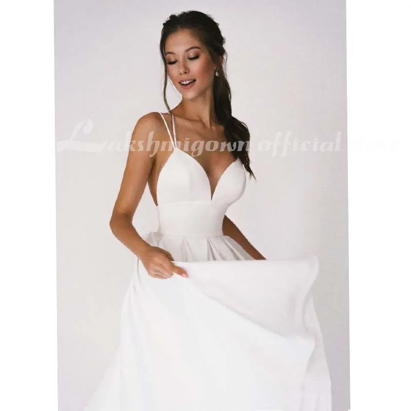 Bãi Biển Ngắn Áo Cưới Mềm Satin Spaghetti Dây Đeo Một Đường Cô Dâu Áo Cưới Trouwjurk Vestidos De Nova Cưới Đầm Dự Tiệc