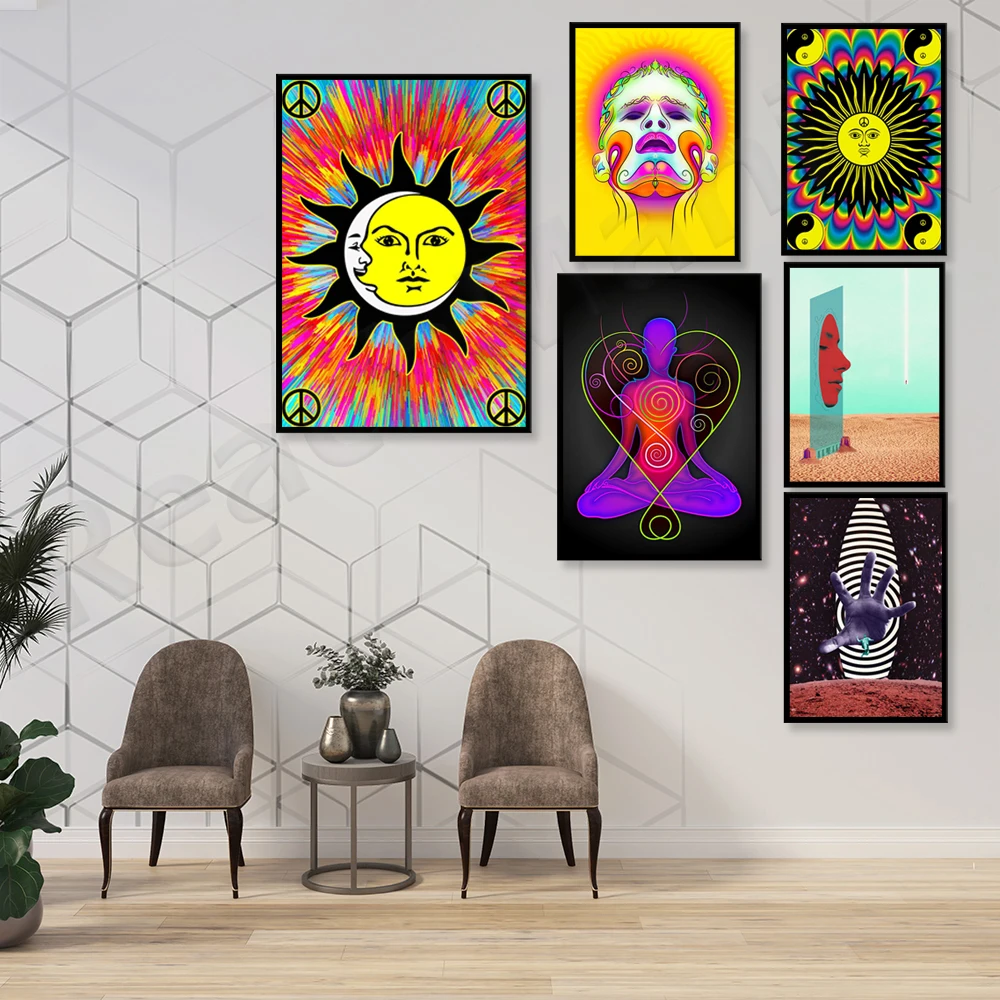 Abstract black light painting art psychedelic sun, meditation, poster print modern wall canvas wall picture living room home dec