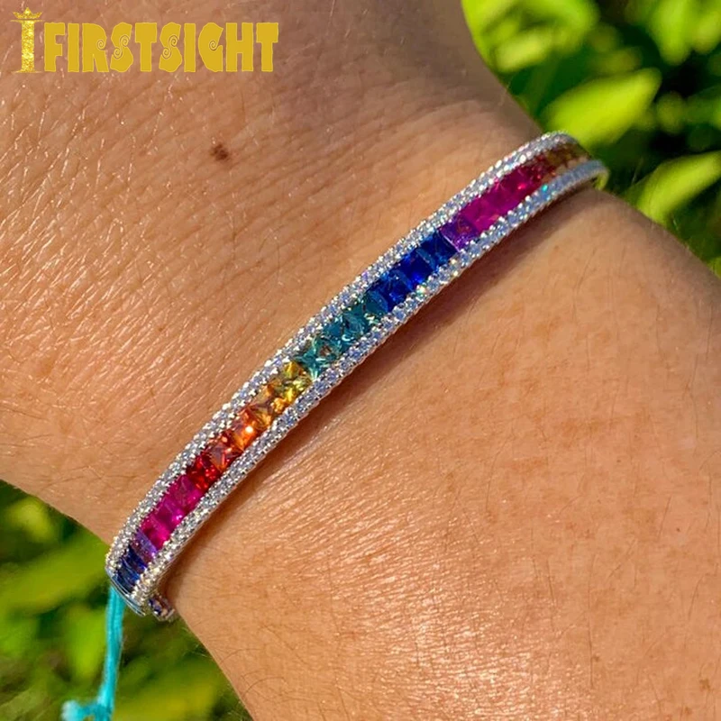 Iced Out Bling Fine Delicate Bracelet Gold Color Rainbow Gradual Bar Rectangle CZ Spectacular Open Cuff Bangle Women Jewelry