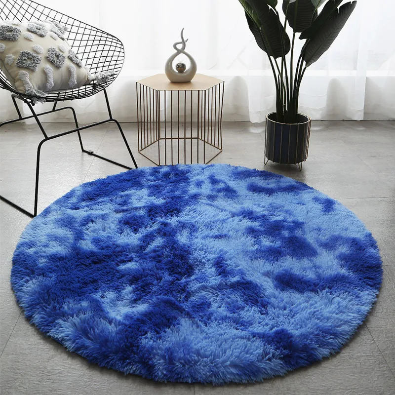 

Dark Blue Tie-dye Shaggy Fluffy Carpet Round Long Hair Soft Living Room Area Rug Chair Mat Kids Room Decor Play Mat Bedroom Rug