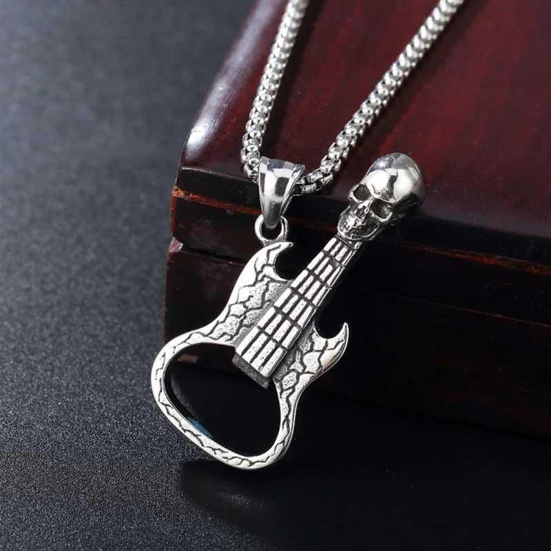 Classic Fashion Skull Electric Guitar Pendant Necklace Men Women Party Hip Hop Halloween Jewelry Gifts