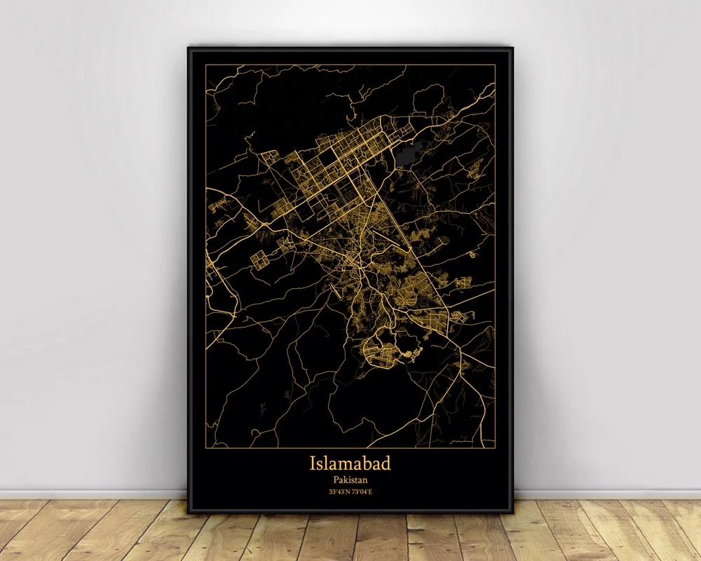 

Черно-золотые города Исламабад, Пакистан, легкие карты, индивидуальные настенные постеры, печать на холсте, настенное искусство в скандинавском стиле, домашний декор