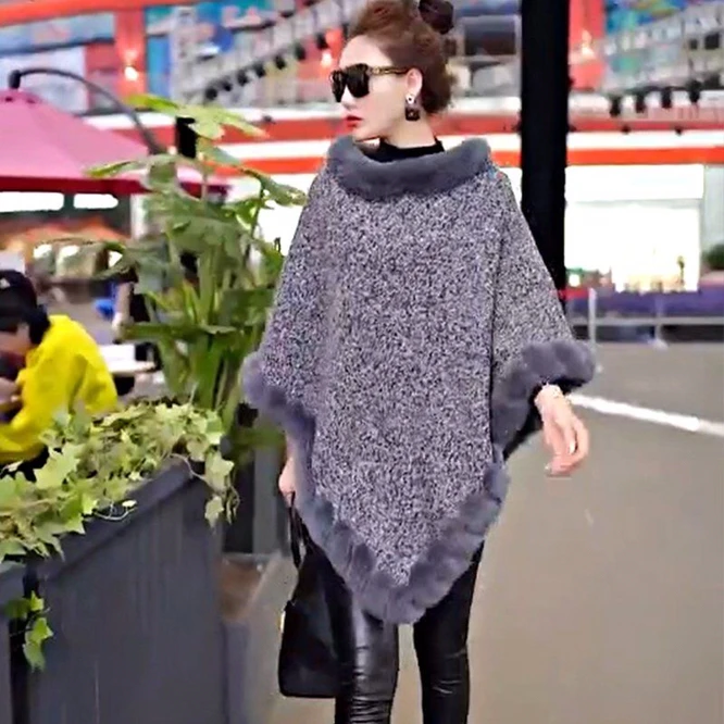 2021 Autumn Winter Women's Thickened Plush Cloak Shawl Knitted Coat With Wool Collar Sweater For Outdoor Warmth Gray