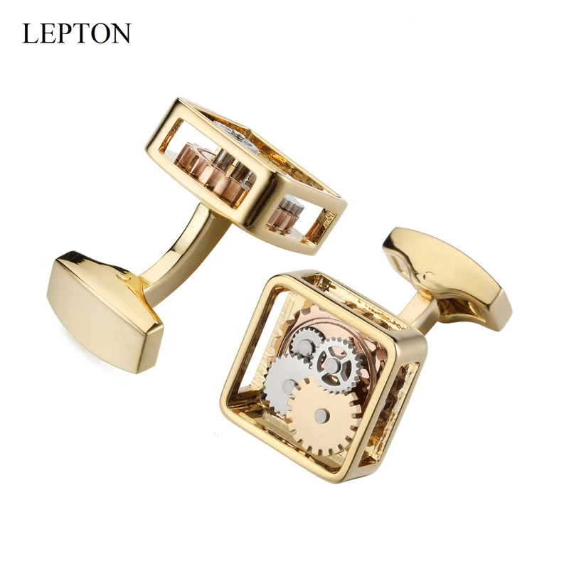 Hot Gold Color Square Framed Steampunk Gear Cufflinks Lepton Watch Mechanism Cufflinks For mens Business wedding cufflink Gift