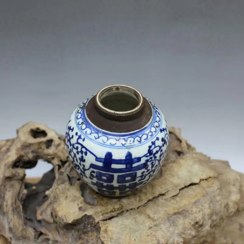 Chinese Blue and White Porcelain Pot Hand Painted Xi Jar 4.1 inch Antique Imitation Old Decoration Ornaments