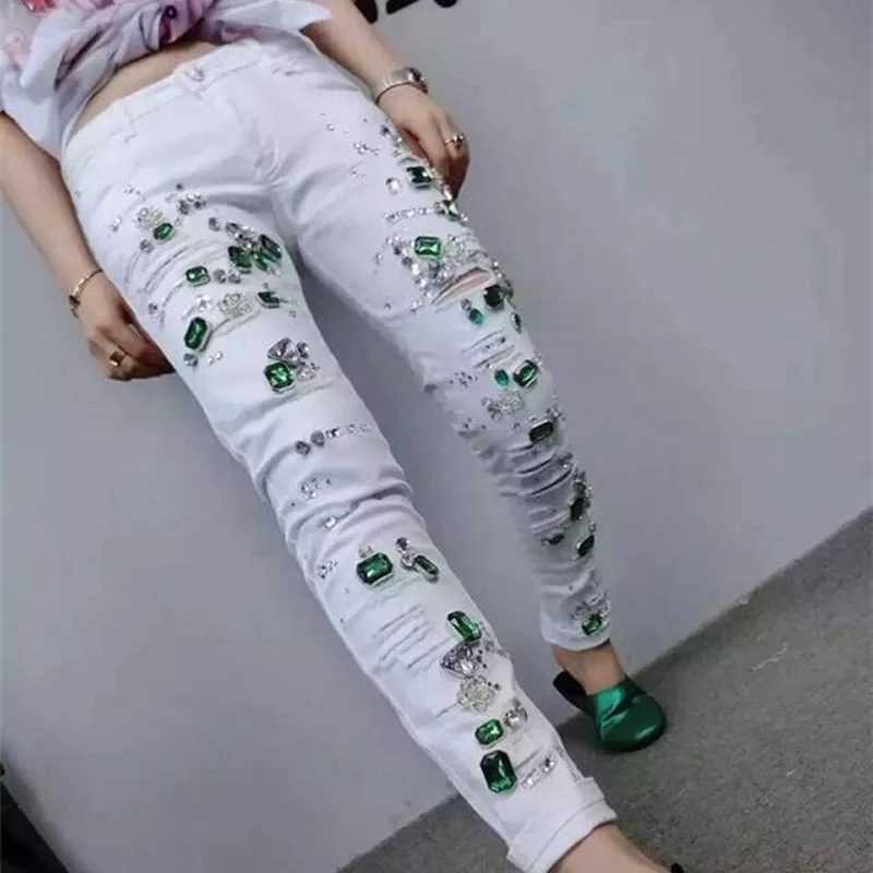 Green Vintage Diamonds Mid Waist Womens Casual Jeans Female Trousers New Fashion High Quality Skinny Stretch Pencil Pants Hole