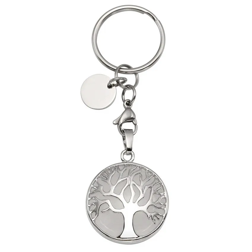 Lobster Clasp Circle Silver Plated Tree of Life Round Key Chain Many Color Quartz Stone Plant Jewelry