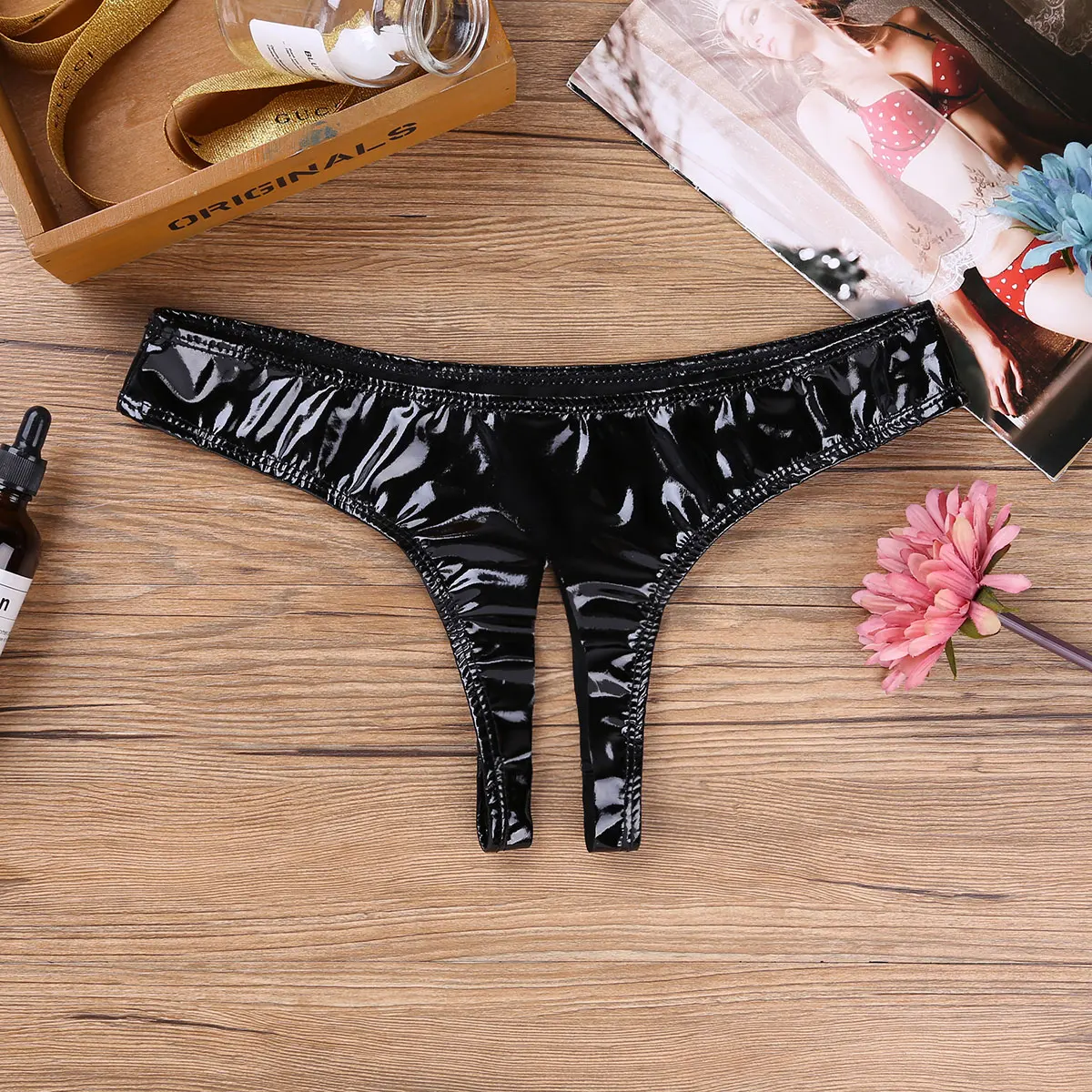 Women Latex Hot Sexy Lingerie Set Patent Leather Erotic Porn Underwear Push Up Open Cups Bra Tops with Crotchless Briefs Panties