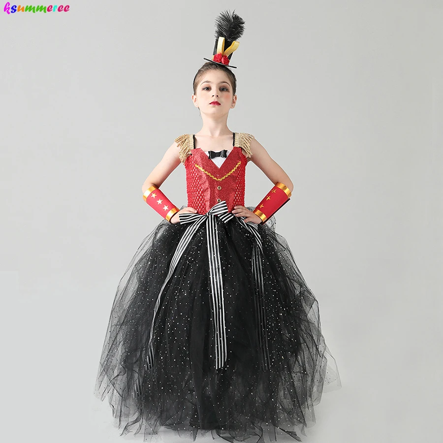 

Girls Halloween Circus Ringmaster Costume Sparkly Kids Lion Tamer Fancy Tutu Dress Birthday Party Dress Up Girls Gown Dress