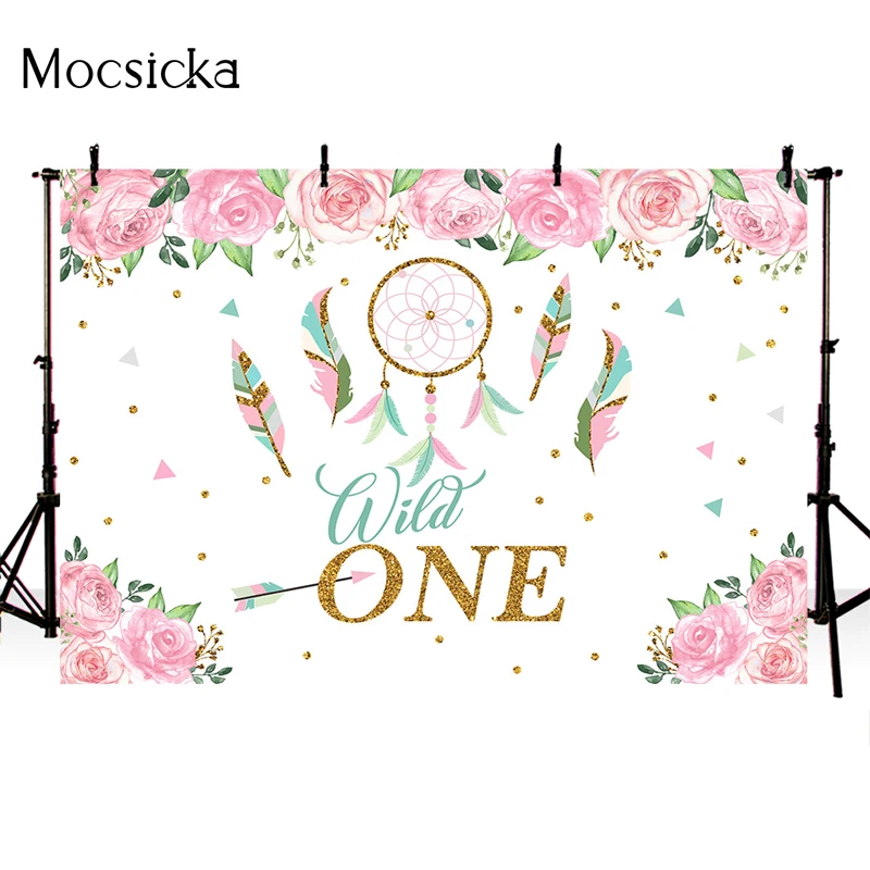 Mocsicka 1st Birthday Background Flowers Feather Decoration Style Baby Shower Photo Backdrop Photography Studio