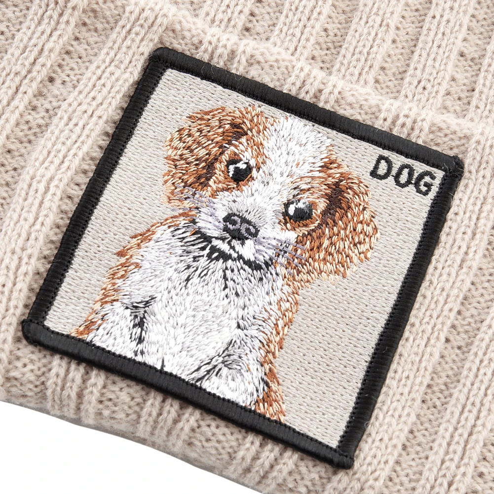 Beanie Hat With Cute Dog Embroidery Patch Women\'s Warm Knitted Skullies Beanies Men Autumn Winter Outdoor Casual Bonnet Gorras