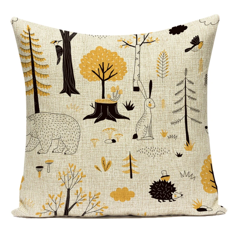 Cute Cartoon Forest Trees Cushion Cover Home Decor Animal Squirrel Fox Bear Pattern Throw Pillow Cover for Sofa Chair Pillowcase