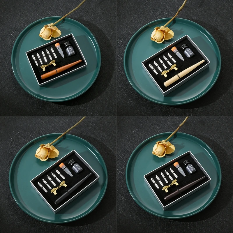 Wooden Calligraphy Dip Pen + 5 Nibs Ink Kit Gift Box  Set