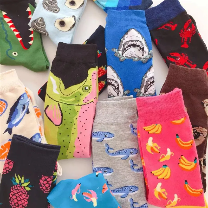 Men Socks Cartoon Crocodile Zebra Cherry Strawberry Pineapple Banana Harajuku Happy Funny Male Hip Hop Street Skate Cotton Socks