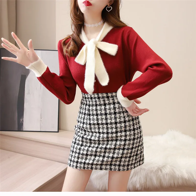 Women's Sweater 2020 Autumn And Winter Slim Bow Knitted Dress Cute And Fashionable