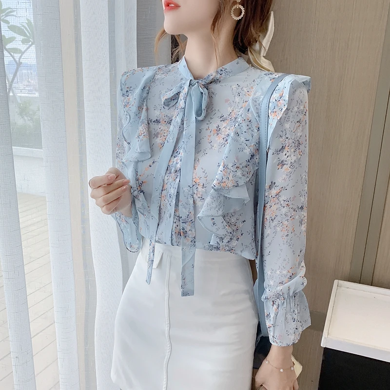 Autumn Long Sleeve Blouse Women Blusas Mujer De Moda 2024 Ruffles Blue Print Chiffon Blouse Shirt Tops Women Blouses Blusa D743