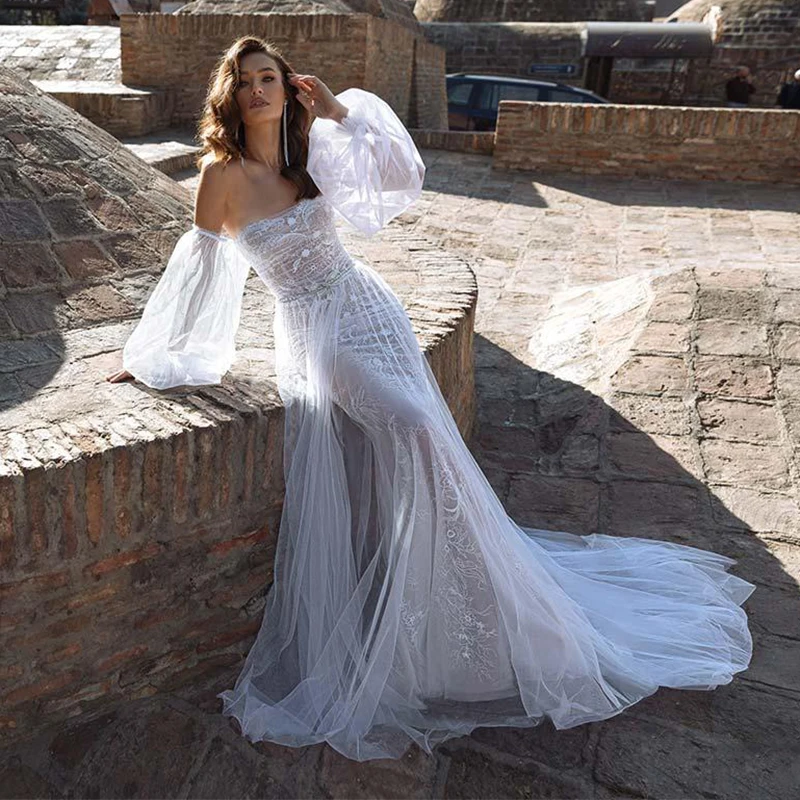 Sevintage Mermaid Off the Shoulder abito da sposa in pizzo maniche lunghe a sbuffo abiti da sposa abiti da festa in rilievo principessa 2021