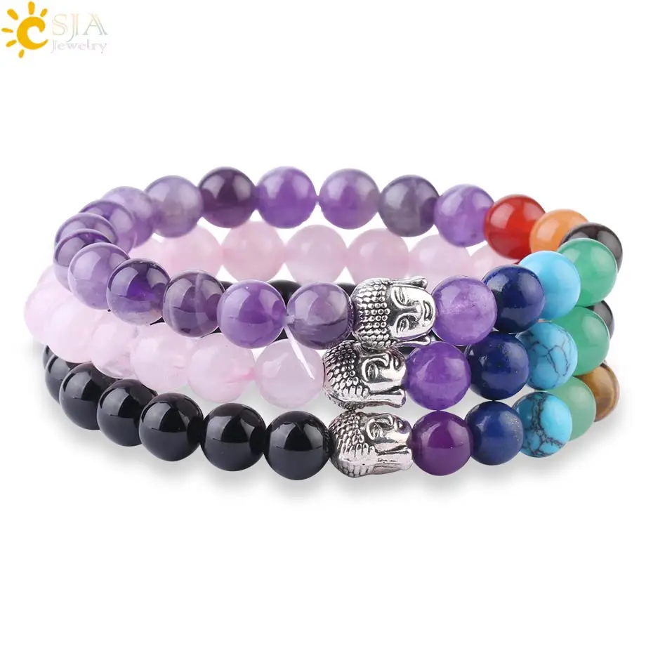 CSJA Natural Stone 7 Chakra Bracelet for Women Buddha Lava Tiger Eye Bracelets on Hand Healing Reiki Bead Crystal Bangles G868