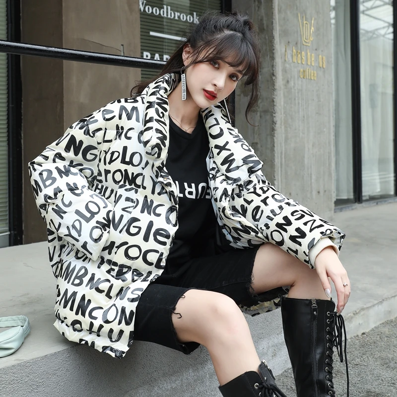 2024 New Autumn Winter Outfits Letters Full Letters Print Down Jacket Bread Jacket Women Loose Trendy Fashion Womens Clothing