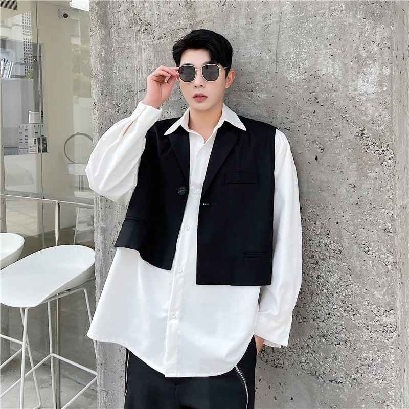 

Men's Long Sleeved Shirt Casual Shirt Coat Autumn Fake Two Black And White Contrast Stitching Korean Loose Hairstylist