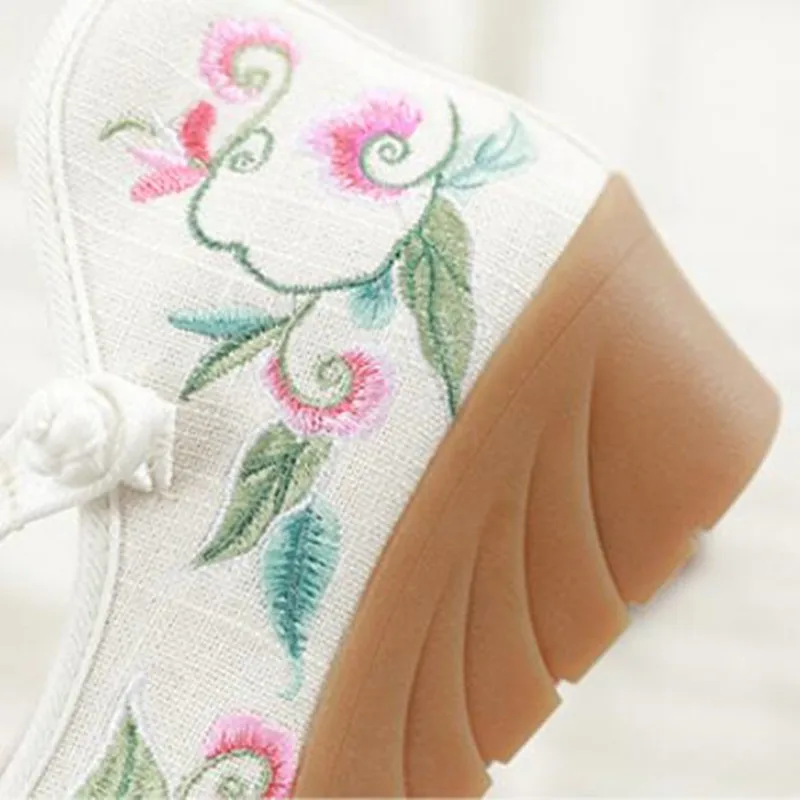 Spring Ladies Floral Embroidered Wedges Pumps Woman Ethnic Mary Jane Dress Shoes Summer Cover Heel Sandals Casual Espadrilles