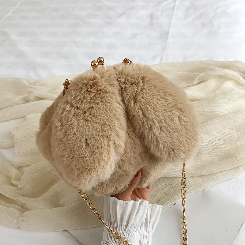 Faux Fur Bag Women Winter Chains Rabbit Shaped Kawaii Girls Princess Trendy Furry Plush Crossbody Bags All-match Casual Soft Ins