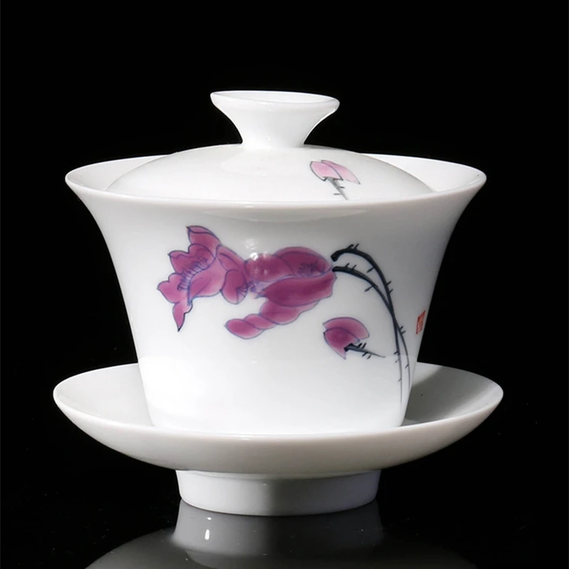 

porcelain gaiwan thin glaze cup bowl handpainted master tureen ceramic covered bowl with saucer coaster lid in China on sales