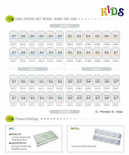 1Box Dental Kids Primary Molar Crown Refill Stainless Steel Pediatric 24 Size Lower Right/Lower Left D2-D7/E2-E7 5Pcs Dentist