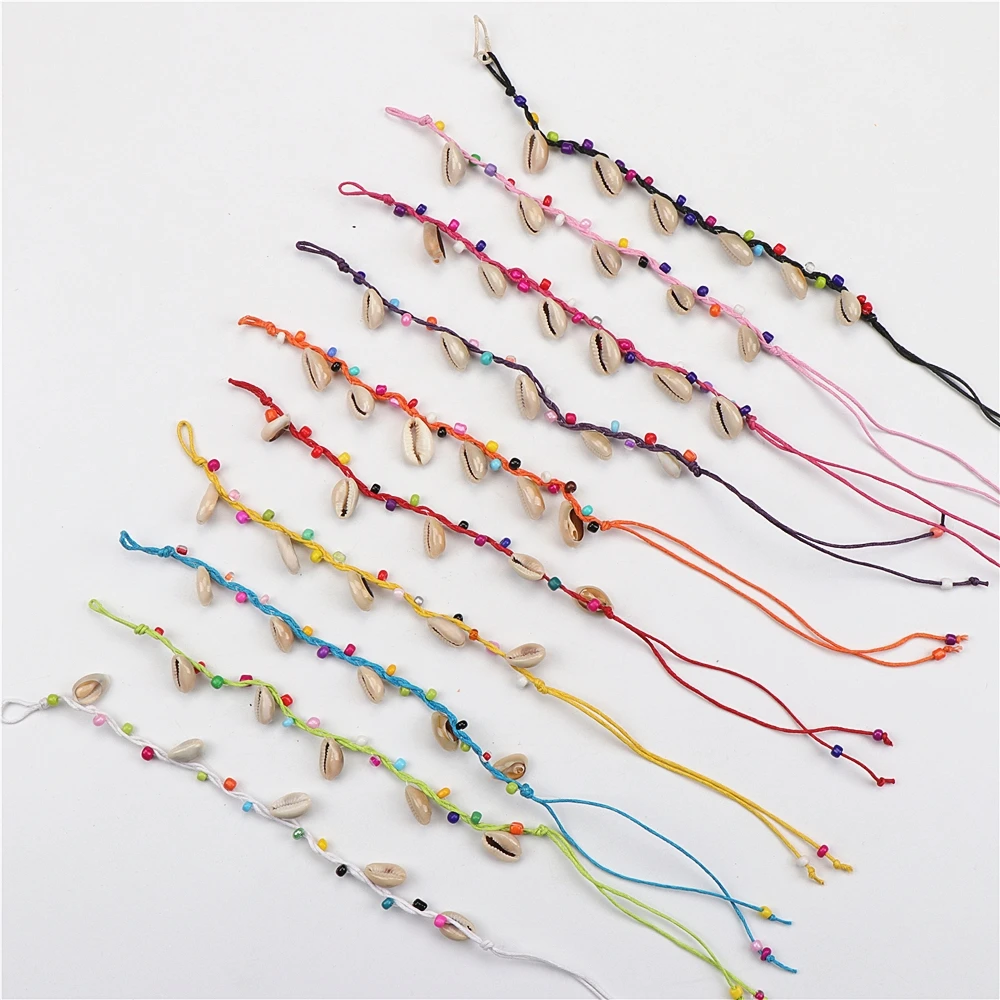 Wholesale Bulk Lots 50pcs Conch Shell Handmade Braided Cotton Rope Jewelry Cuff Bracelet For Women Mix Style Size Adjustable