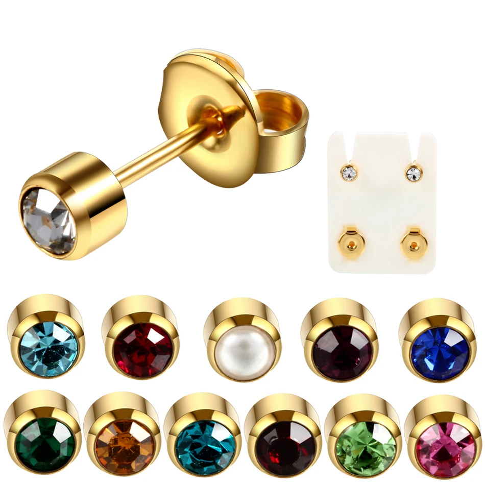 2Pcs/lot Round Crystal Studs Earrings Push Back Stainless Steel Female Earrings Mini Small Childern Earring Pierced for Ear Gun