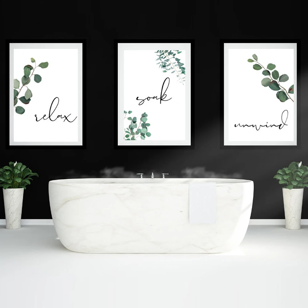 Simple Bathroom Quote With Green Leaf Canvas Painting Print Relax Soak Unwind Letter Poster Wall Art Picture Nordic Home Decor